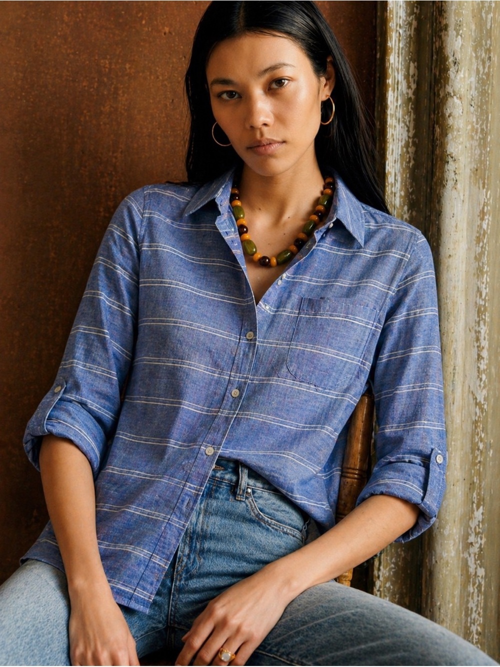 Tommy Hilfiger Blue Strip Button Up Shirt Medium 100% Cotton Casual